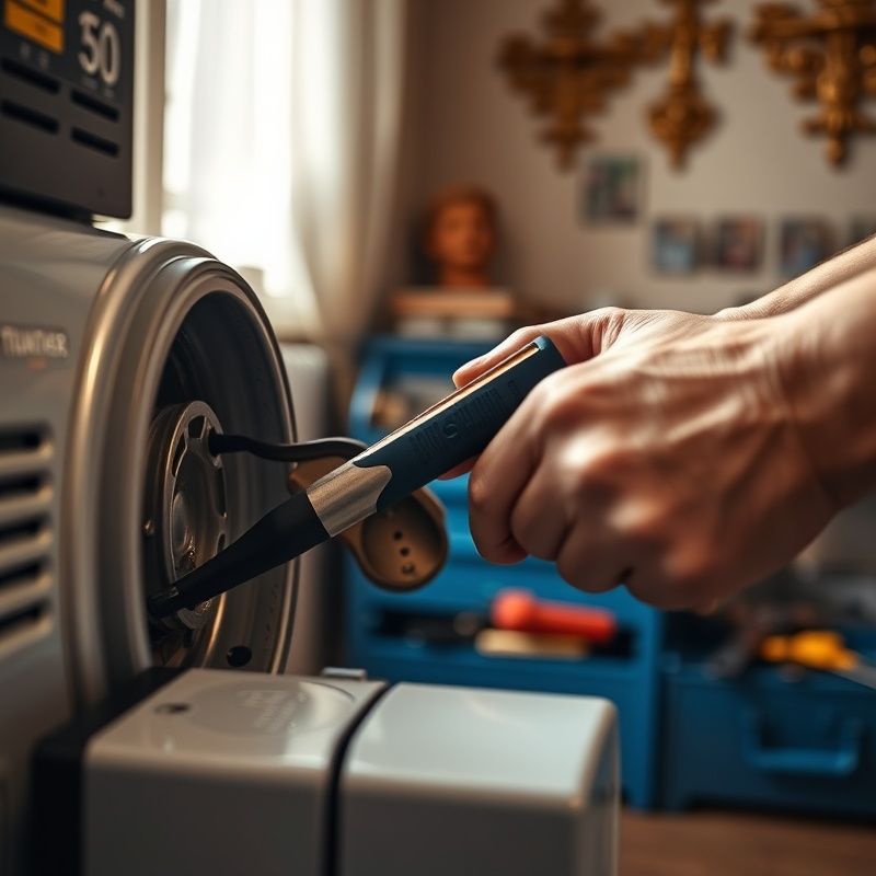 Ruce technika opravují domácí spotřebič, v pozadí indigový kufr s nářadím